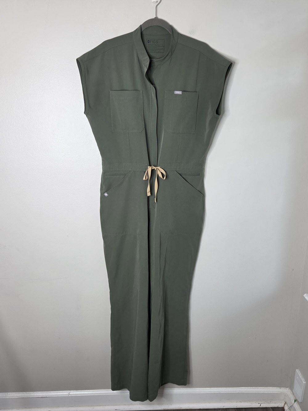 Figs Olive Green Sleeveless Utility Jumpsuit with Tan Drawstring